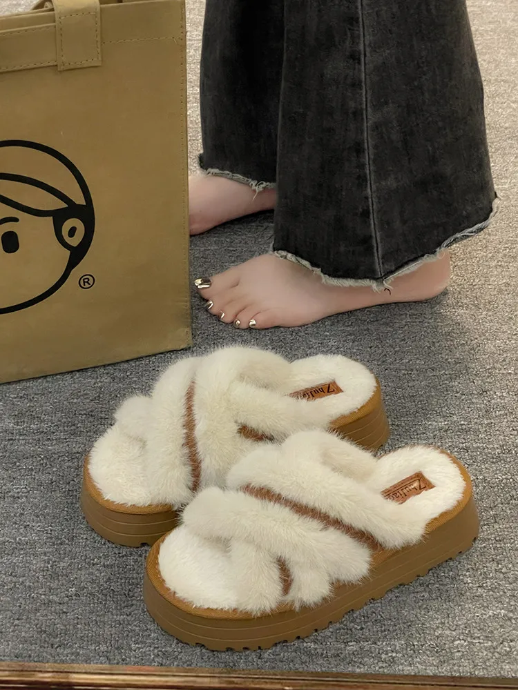 

Flock Home Slippers Women's Shoes Slides Fashion Platform Pantofle Med Fur Flip Flops Massage Luxury Flat 2023 Soft Plush Rome