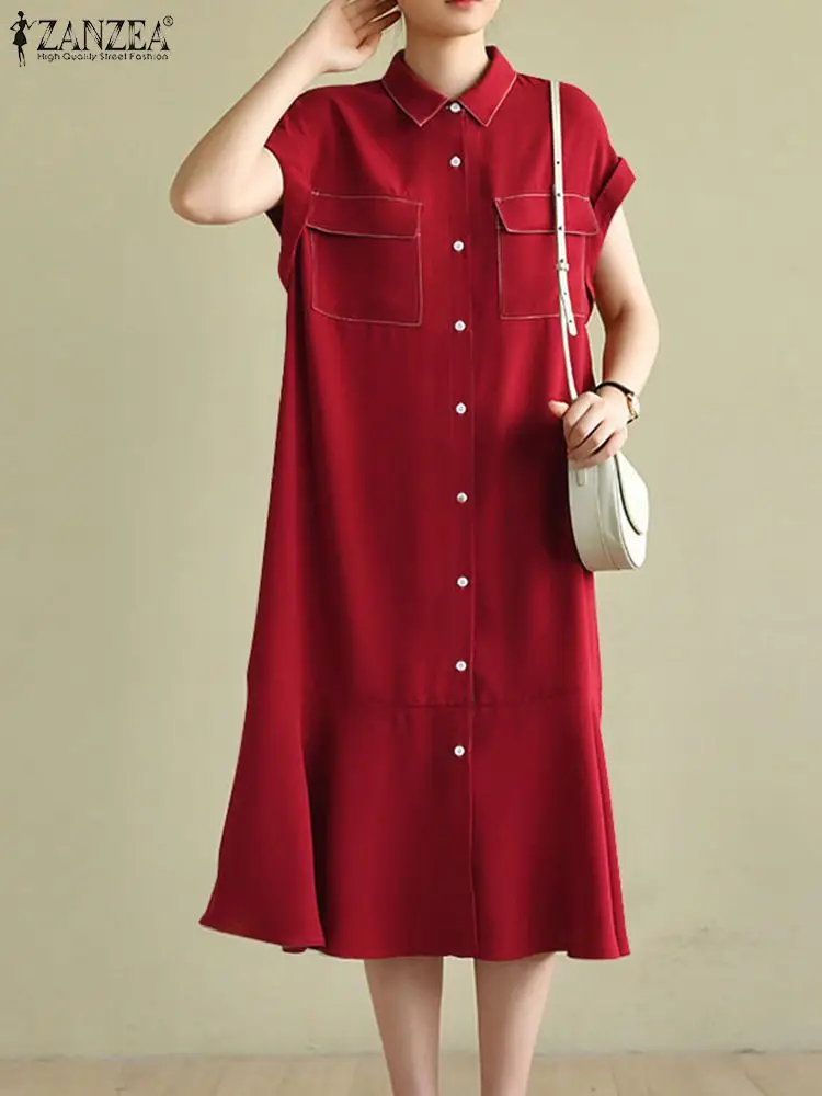 

Платье-рубашка ZANZEA женское с оборками, элегантный повседневный однотонный Длинный Сарафан средней длины с коротким рукавом, свободный хала...