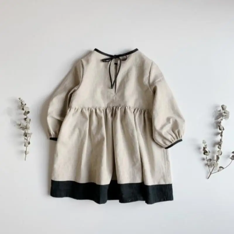 

Spring Autumn Baby Solid Brief Cotton Linen Retro Princess Dresses Girl Children Long Sleeves Casual Dress For Wedding And Party