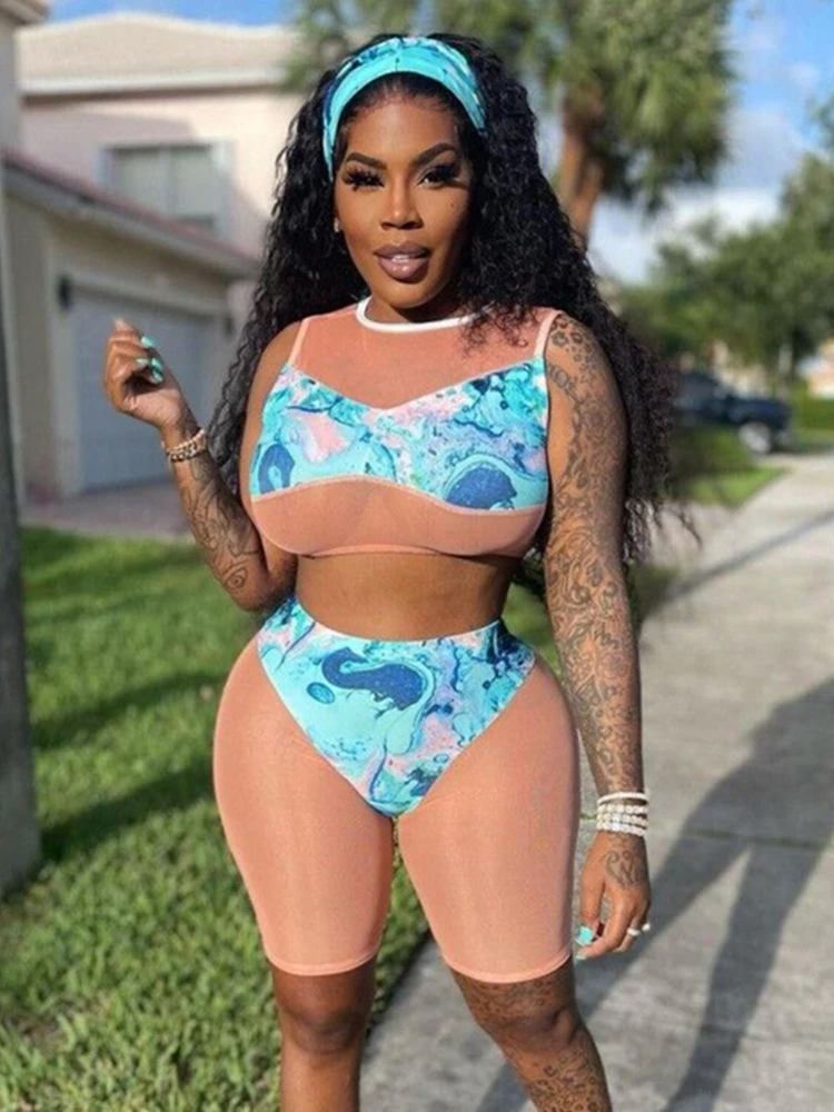 

Sisterlinda Mesh Print Patchwork Tracksuit Women 2Piece Set Skinny Sleeveless Vest+Biker Shorts Lady See Through Clubwear Outfit