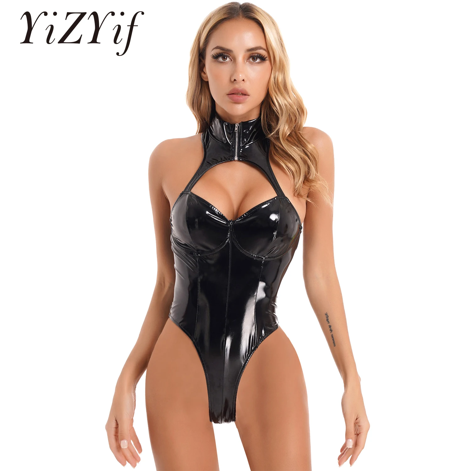 

Womens Lingerie Club Raves Dance Stage Performance Costume Wet Look Patent Leather Sleeveless Bodysuit Zipper Cutout PU Catsuit