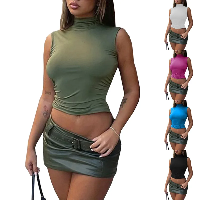 

New High Neck Pleated Open Back Tank Tops Casual Sleeveless Sexy Pullover Slim Fit Vests Street Midriff-baring Tight T-shirt