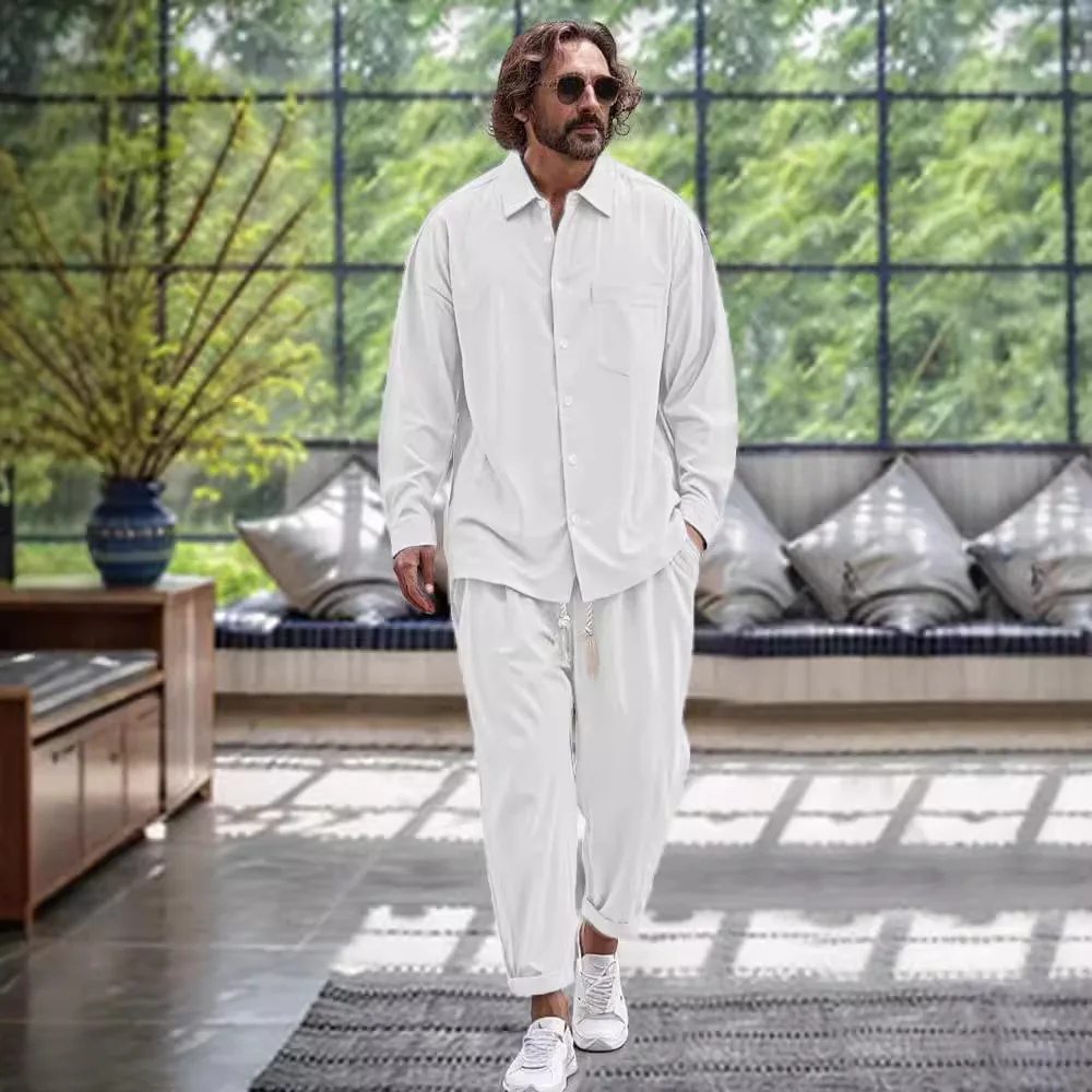 2024 весенне-осенняя модная мужская удобная рубашка с лацканами из хлопка и льна