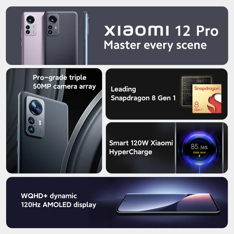 Смартфон Xiaomi 12 Pro глобальная Версия 8 ГБ/12 Гб 256 ГБ Snapdragon®8 Gen 1 Octa Core WQHD + 6 73 &quotAMOLED Quad