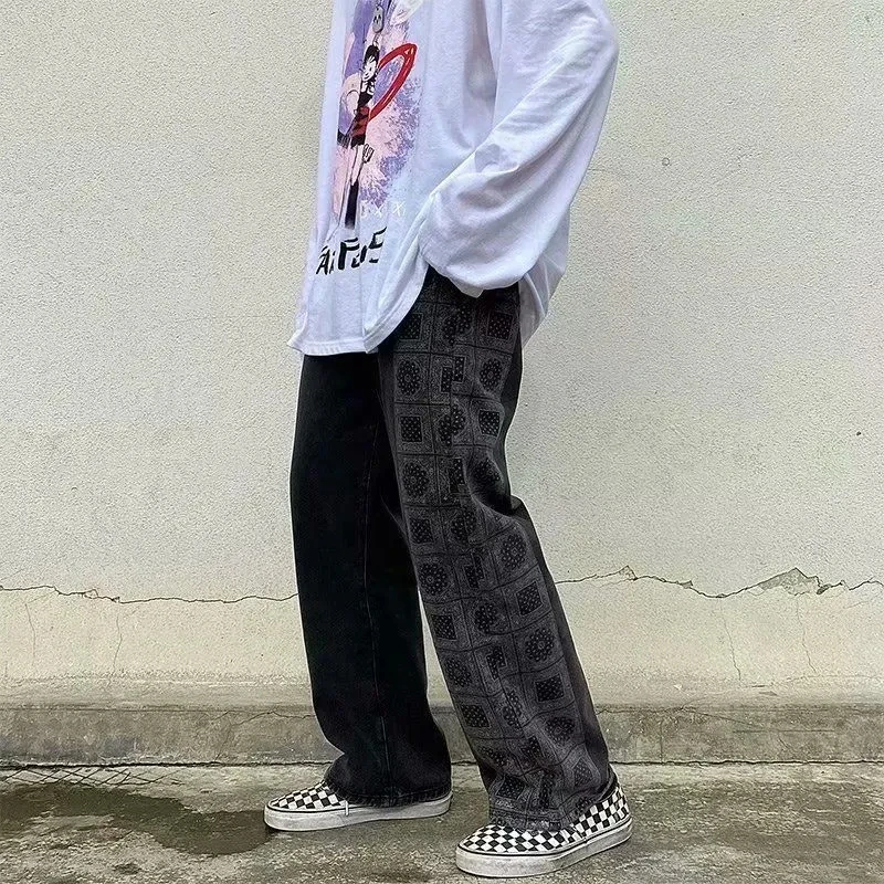 Washed Retro Black Baggy Jeans For Men Denim Trousers Personality Hip-Hop Street Cashew Flower Straight Wide Leg Pants Male