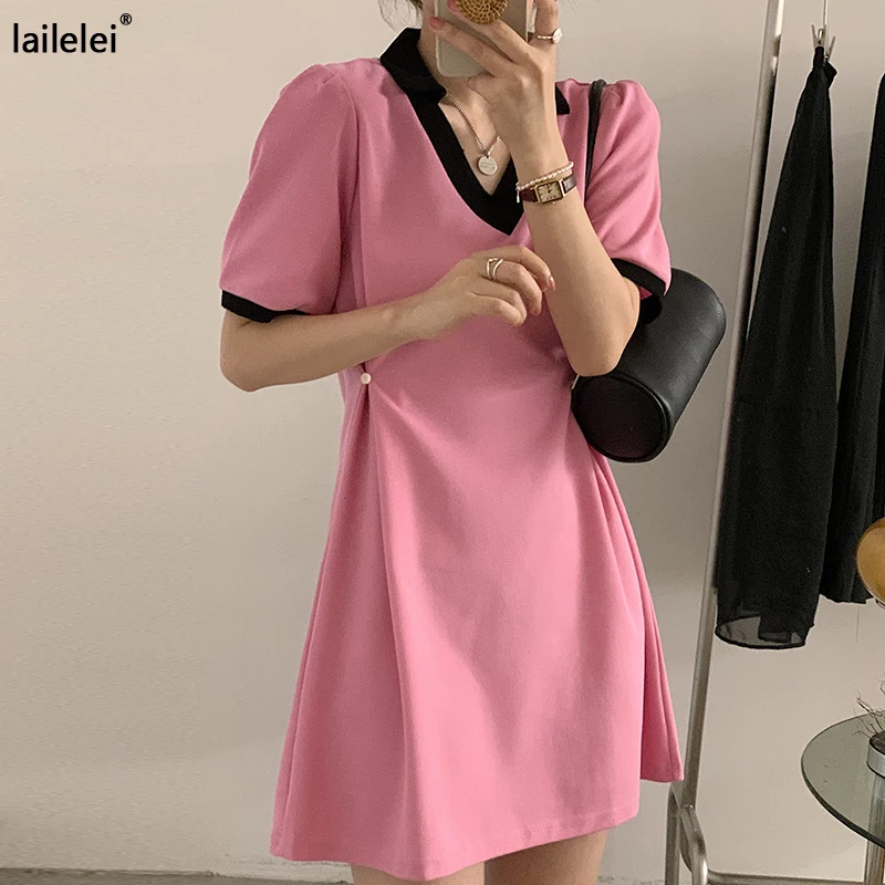 

Корейское летнее Новое контрастное платье-трапеция с V-образным вырезом и коротким рукавом