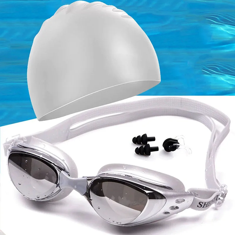 

Professional Adult Swim Goggles Waterproof Fog-proof Swimming Cap Nose Clip Earplug Suit Men Women Electroplating Swim Eyewear