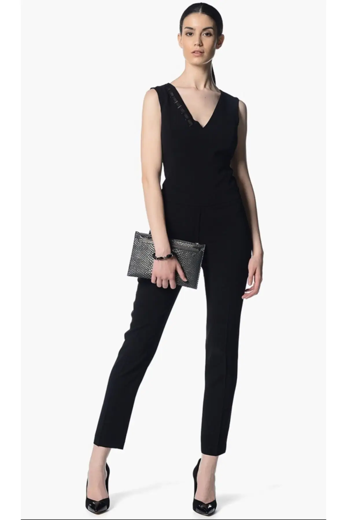 

Women's Overalls Metal Accessory Detail Black Jumpsuit Hot Style Quality Fabric Sleeveless Baggy Trousers Casual Jumpsuit