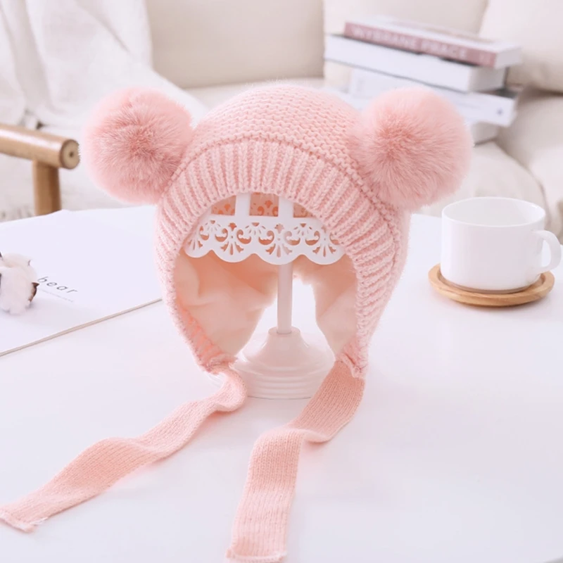 

Kids Baby Knitted Beanie Hat Double Pompom Ears Plush Lined Earflap Skull Cap Drop Shipping