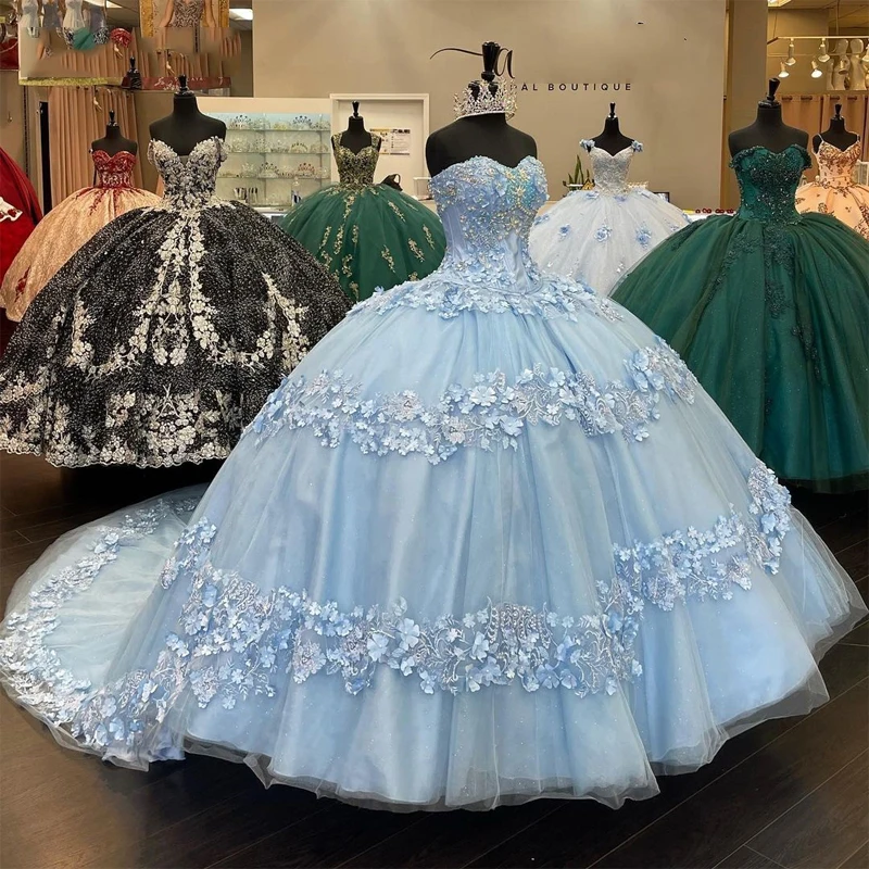 

Light Sky Blue Quinceanera Dresses With 3D Floral Beading Applique Elegant Off Shoulder Corset Sweet 16 Dress robe de prom Dress