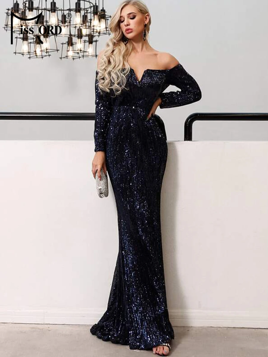 V Bar Off Shoulder Sequin Maxi Dress Party Women for weddings Elegant Long Sleeve Bridesmaid Bodycon Backless Prom Vestdios