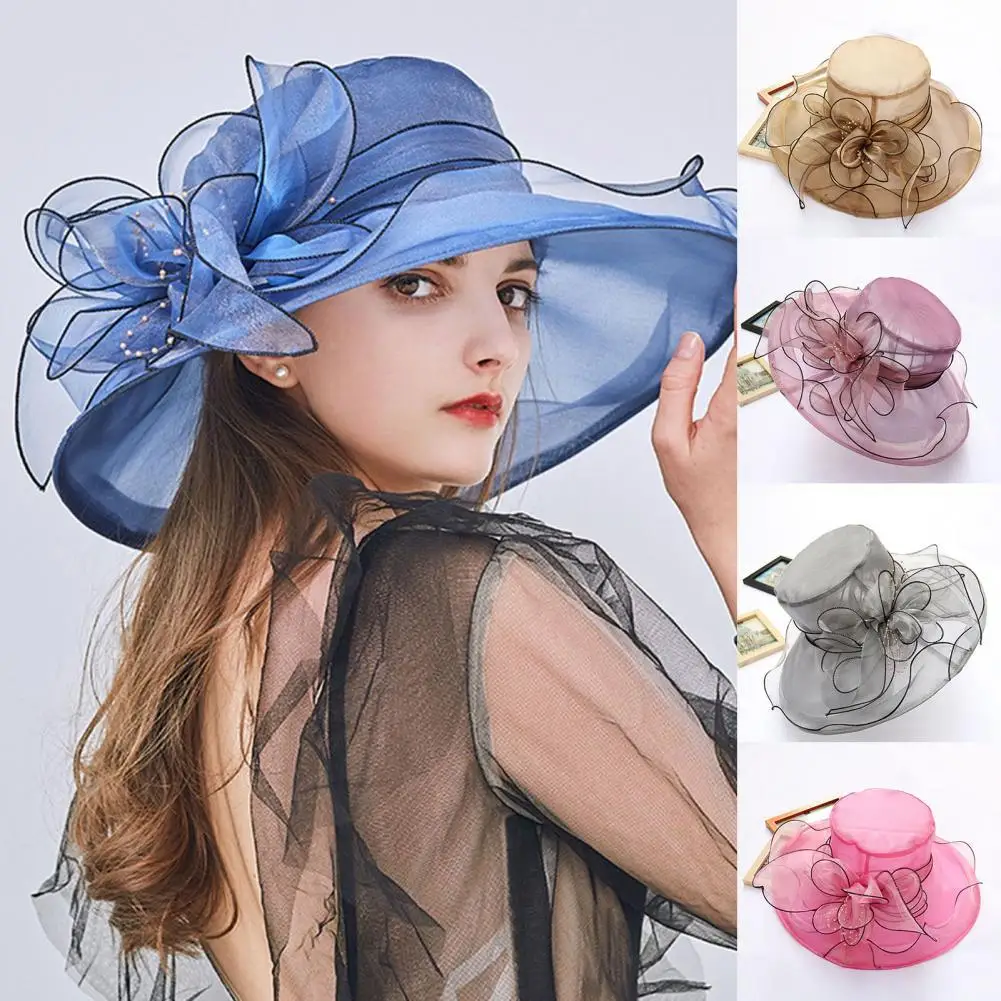 

Women Cap Korean Lace Floral Organza Wide Brim Church Kentucky Derby Fascinator Lady Tea Party Sun Beach Hat Women Elegant Cap