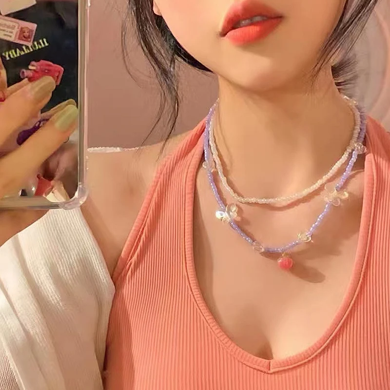 

XIKH Sweet Cute Girl Pearl Butterfly Short Necklace Lovely Student Sisters Choker Women's Neck Clavicle Chain Collar Accessories