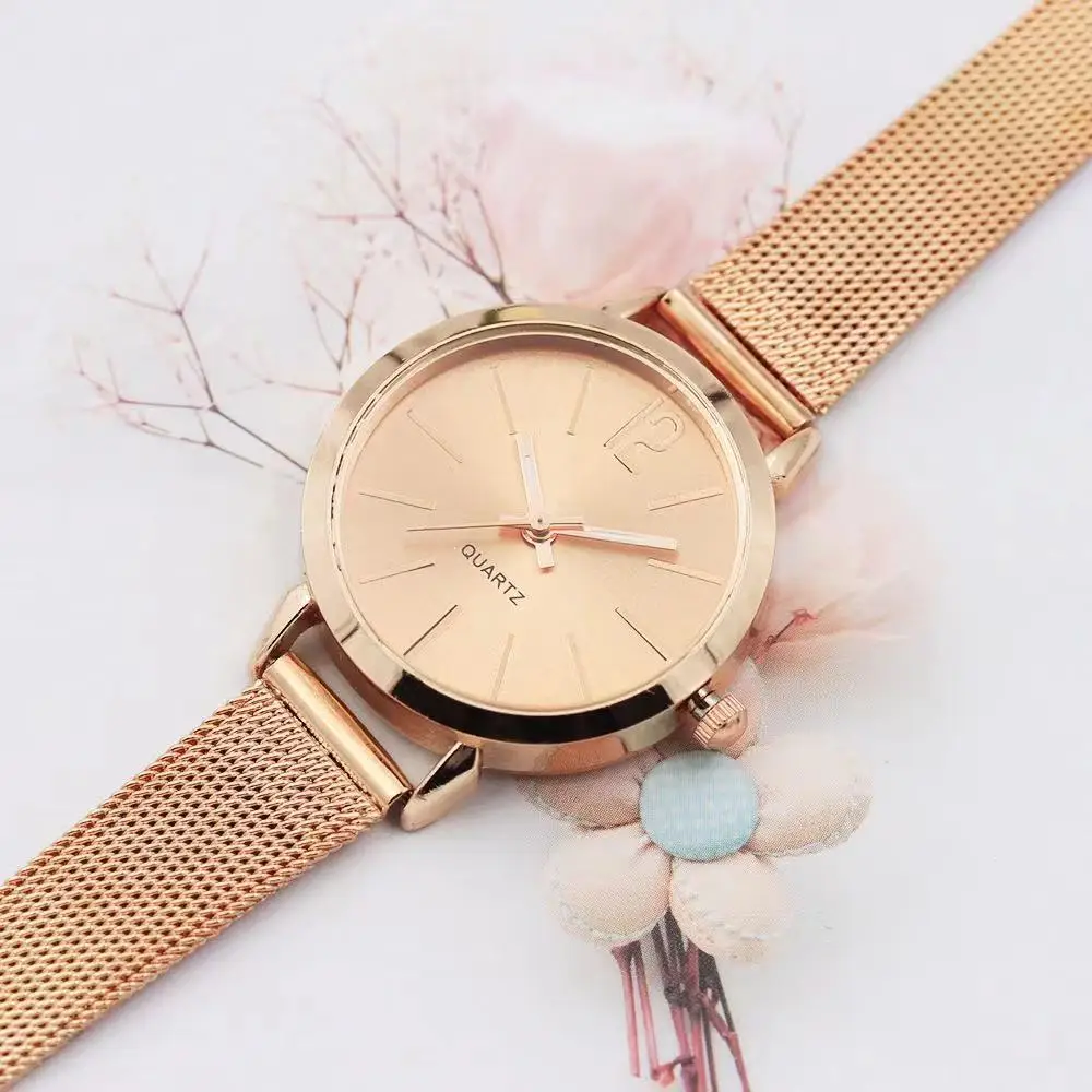 Женские кварцевые часы с сетчатым стальным браслетом под розовое золото 18 К -