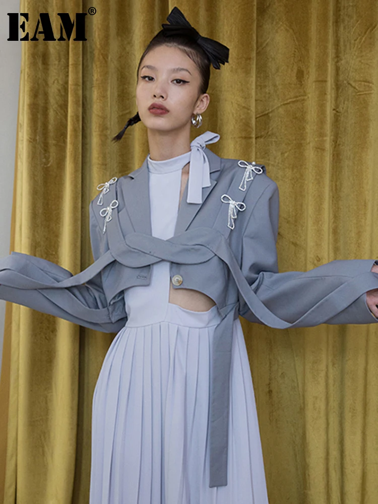 

[EAM] Women Blue Gray Ribbon Bow Short Blazer New Lapel Long Sleeve Loose Fit Jacket Fashion Tide Spring Autumn 2022 1DB982