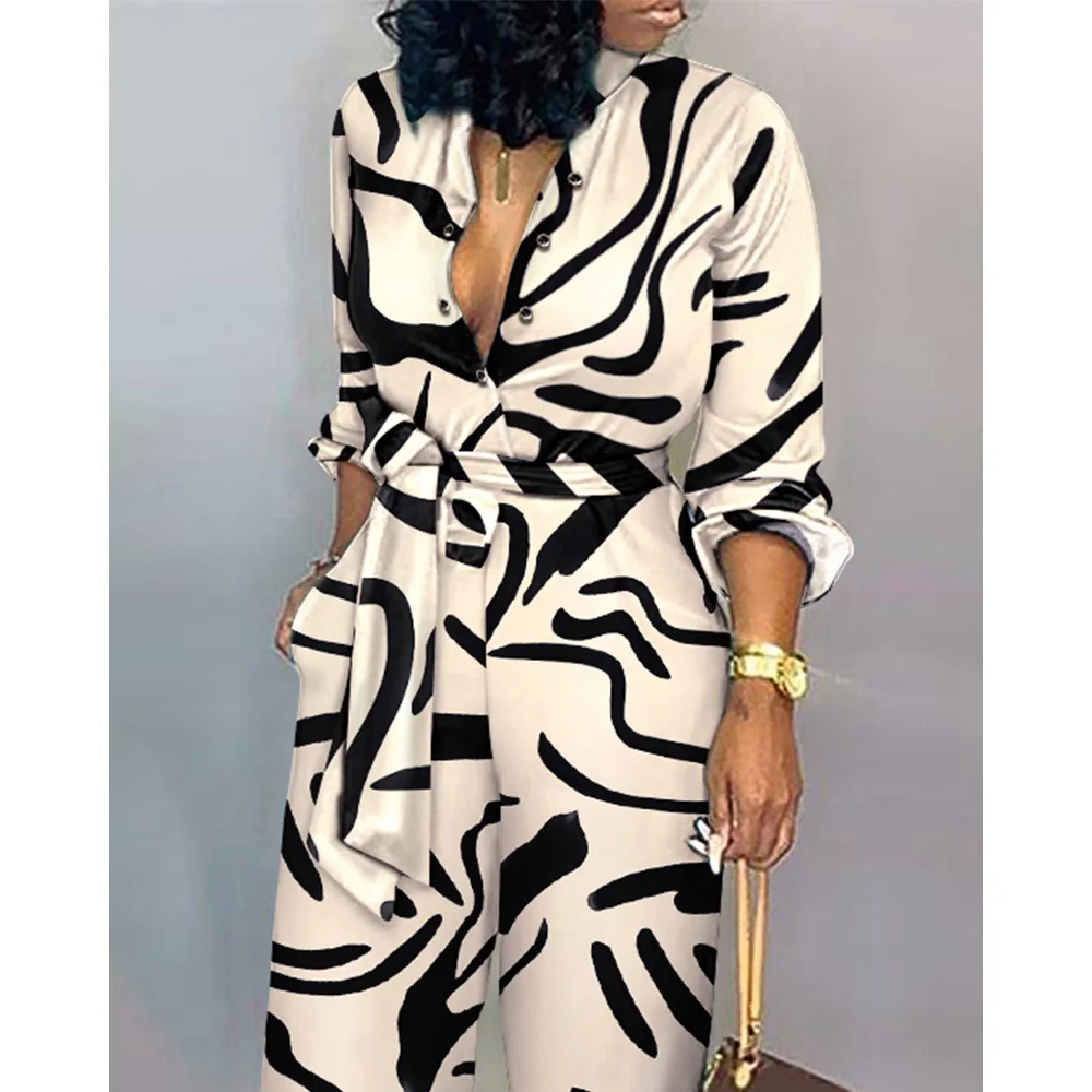 2022 New Fashion Autumn Elegant Women Long Sleeve Allover Print Long Sleeve Belted Jumpsuit Casual Outwear Femme