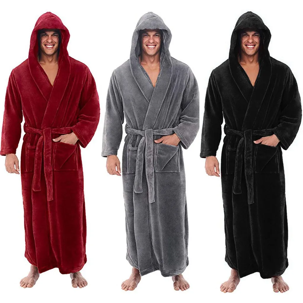 

Зимние теплые банные мужские халаты, халат, ночная рубашка, мягкие коралловые флисовые купальные халаты с капюшоном, Длинные банные мужские халаты, домашняя одежда для сна