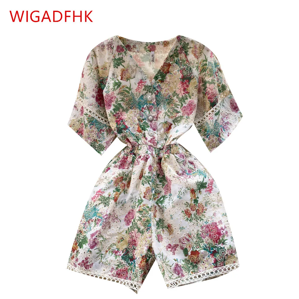 

Женский винтажный комбинезон с цветочным принтом, V-образным вырезом и коротким рукавом