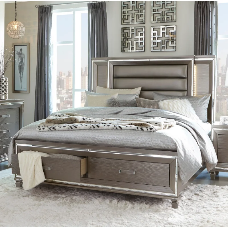 

Modern Bedroom Furniture 1 Piece King-size Bed Footboard Storage Upholstered Headboard Silver Gray Metal Finish Acrylic Pull Rod