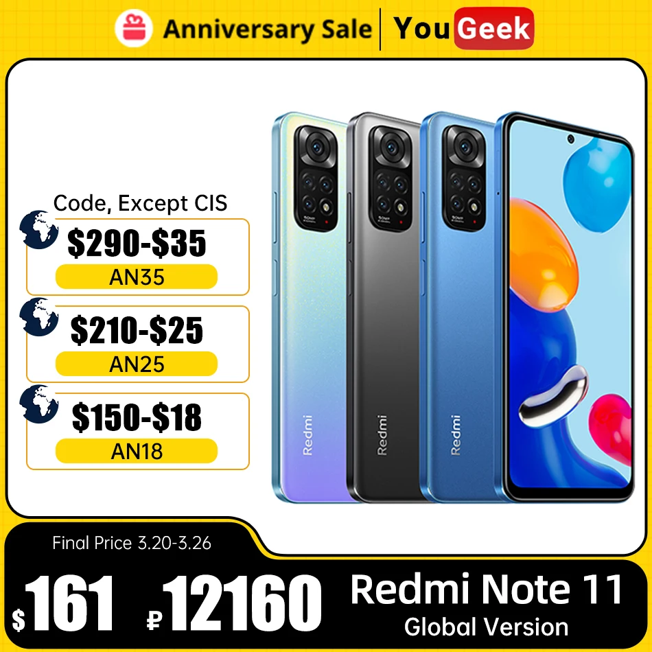 Global Version Xiaomi Redmi Note 11 64GB/128GB Snapdragon 680 Octa Core 90Hz AMOLED Display 5000mAh 33W Fast Charge Cellphone