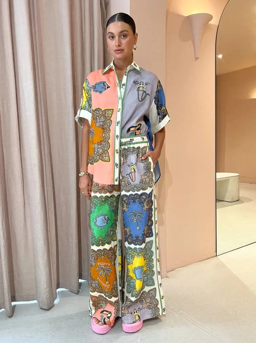 

Ladies suits 2023 New short Sleeve Polo Neck Shirt Loose Straight Leg Pants Print Two Piece Set casual fashion suit for women