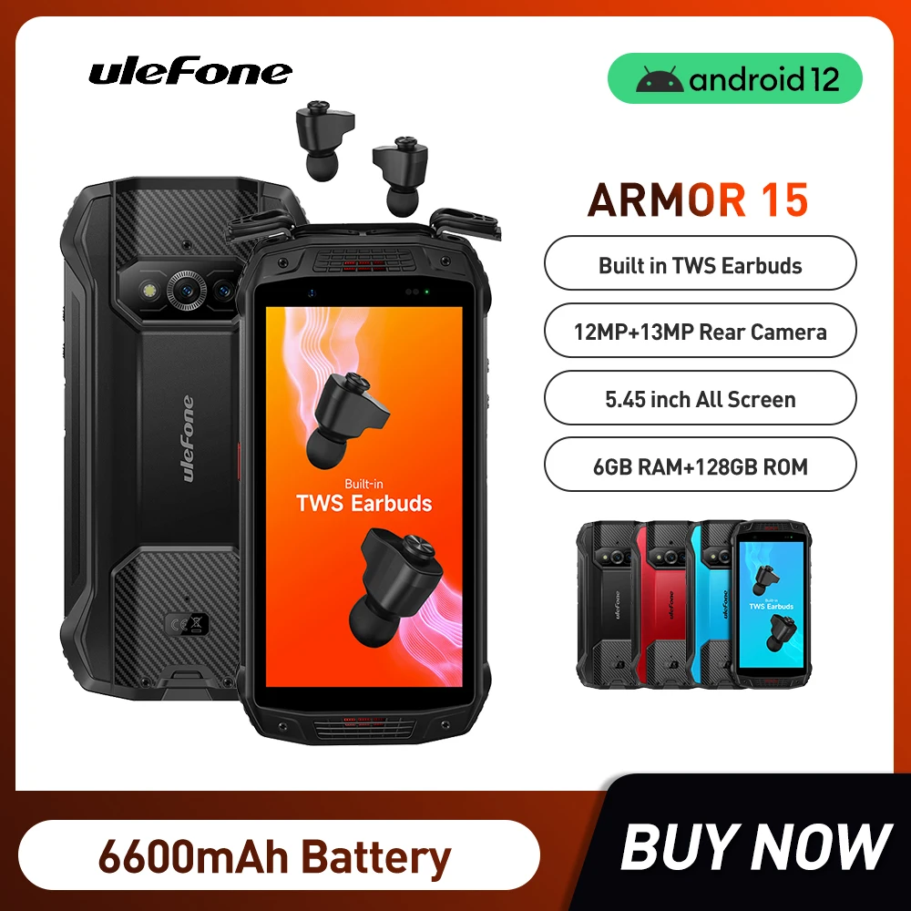 Ulefone Armor 15 прочный телефон Android 12 смартфон 6600 мАч 128 ГБ NFC 2,4G/5G WLAN водонепроницаемые мобильные телефоны встроенный TWS наушники