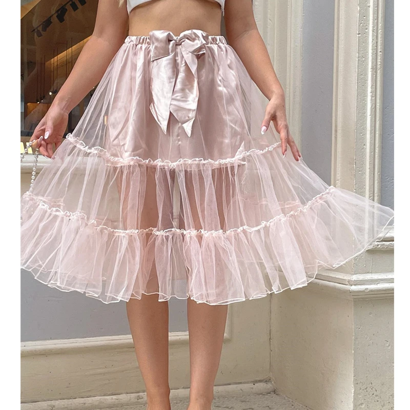 

Summer Lace Tulle Midi Skirts Ladies Bow Elastic High Waist Satin Patchwork Ruffles Pleated A-line Skirt Women E-girl Streetwear