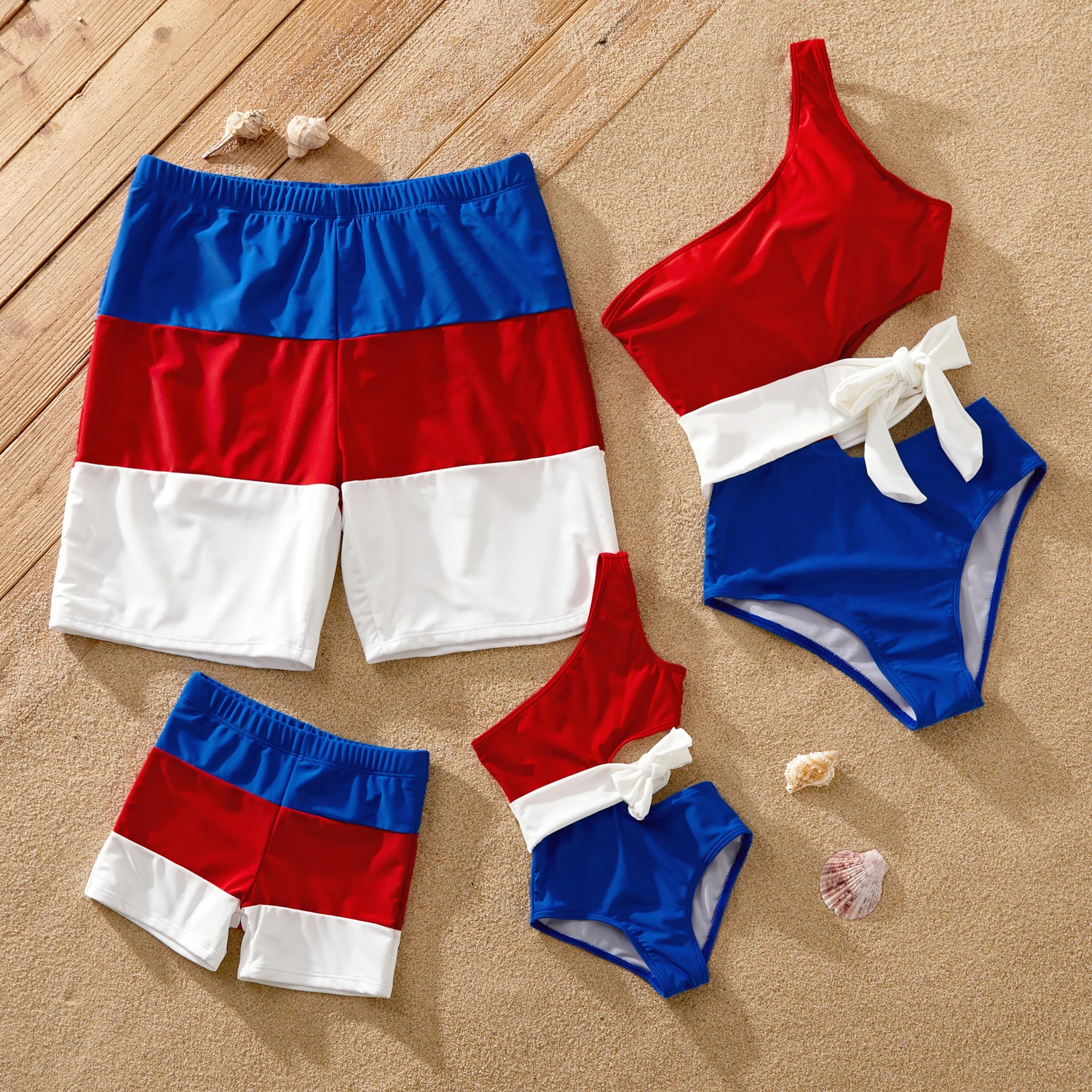 

PatPat Family Matching Colorblock One Shoulder Cut Out Tie Waist One-piece Swimsuit or Swim Trunks Shorts