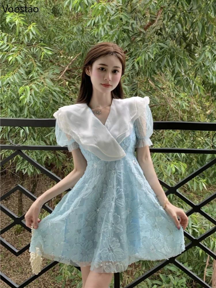 

Sweet Ruffles Turn Down Collar Floral Sequin Embroidery Party Dresses Women Elegant Puff Sleeve Vestidos Girls Holiday Sundress