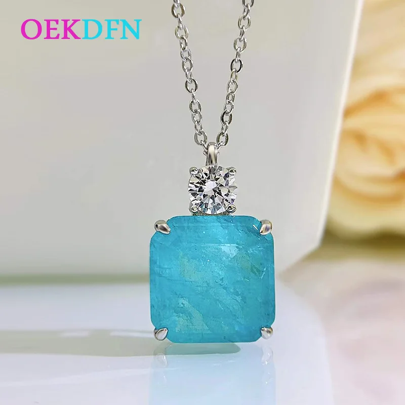 

OEKDFN 100% 925 Sterling Silver Created 15*15 MM Sapphire High Carbon Diamond Gemstone Pendant Necklace For Women Fine Jewelry