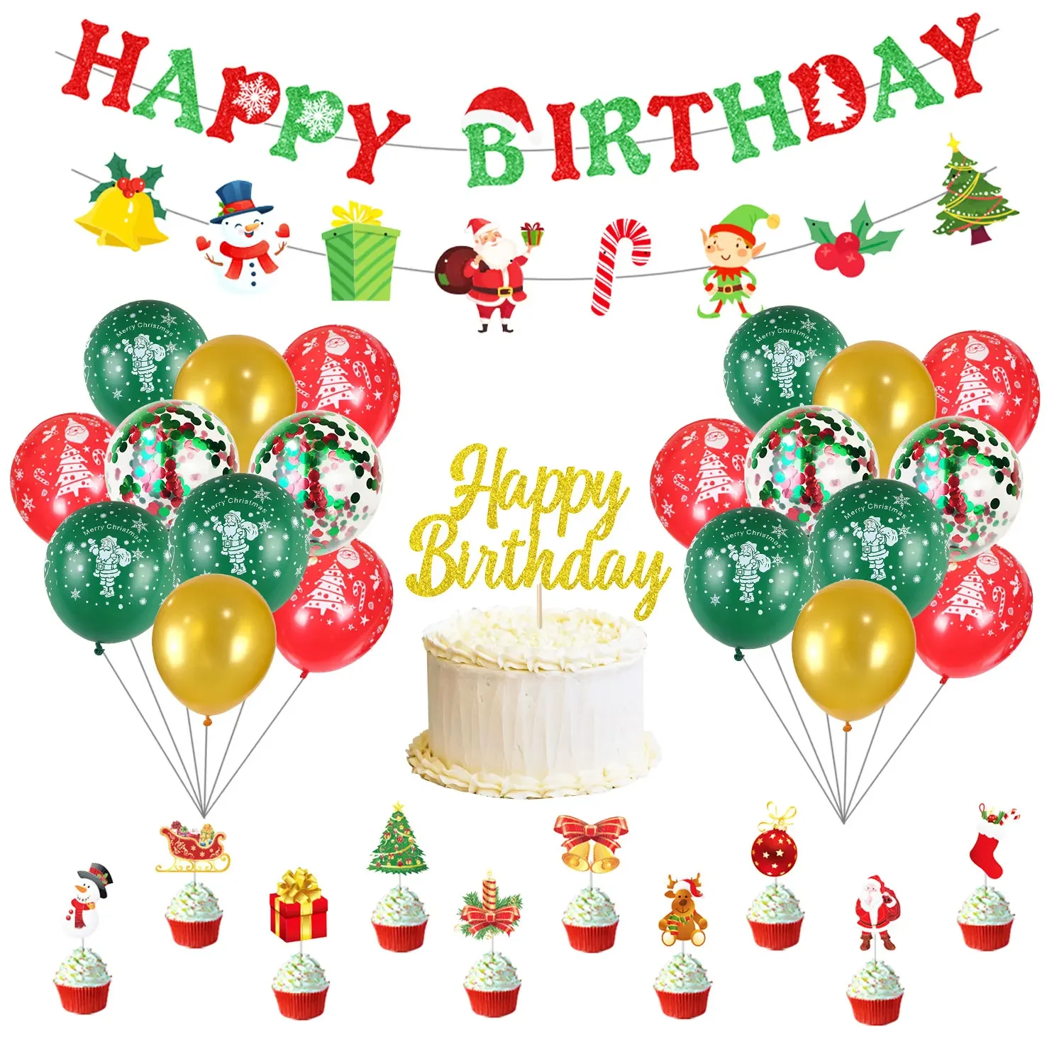 

Christmas Themed Birthday Party Decor, Happy Birthday Banner, Santa Garland Printed Balloon Set, Xmas Supplies, New Year