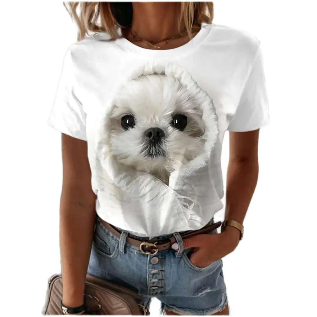 

Animal Tees O-neck Women's T-shirt Summer Cat Dog New Short Sleeve Cute Puppy Top Pullover Advanced Oversized Y2k Daily Clothes