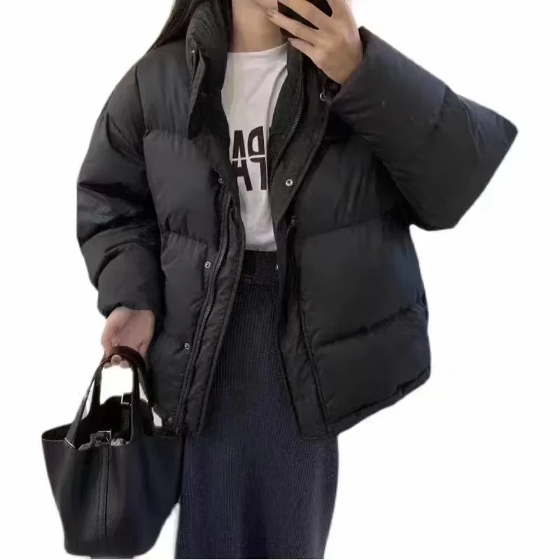 22 Winter New Standing Collar Short Section Down Jacket Female Small Simple Loose Thickened White Duck Down Bread Clothes
