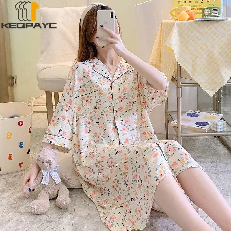New 2023 Women's Sweet Nightgowns Spring Autumn Women Fashion Lapel Floral Thin Loose Shirtdress Sleepwear Casual Pajamas