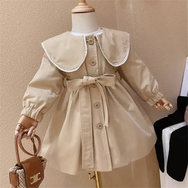 

Kids Coat Long Girls Korean Clothing Windbreaker Autumn Style Collar Doll 2023 Girls Spring Children's Jacket Trench Cute Baby