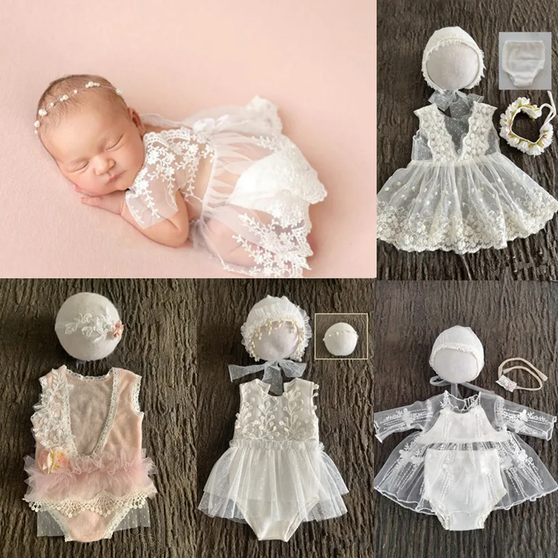 Newborn Photography Lace Clothing Headband+HAT+Dress 3 Pcs/Set Studio Infan Shooting Costume Female Baby Photo Props Accessories