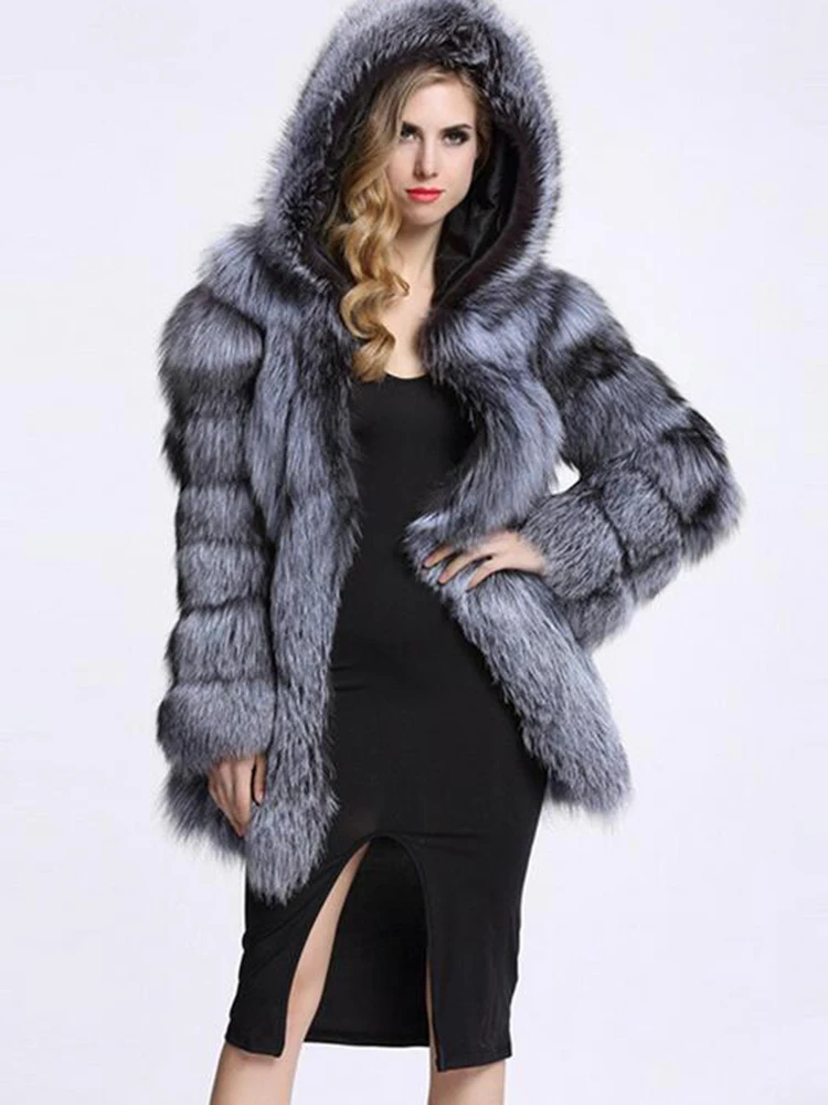 FMFSSOM Winter Women Faux Soft Leather Casual  Long Sleeve Loose Jackets Faux Fur Trench Hooded Fashion Faux Fur Jackets