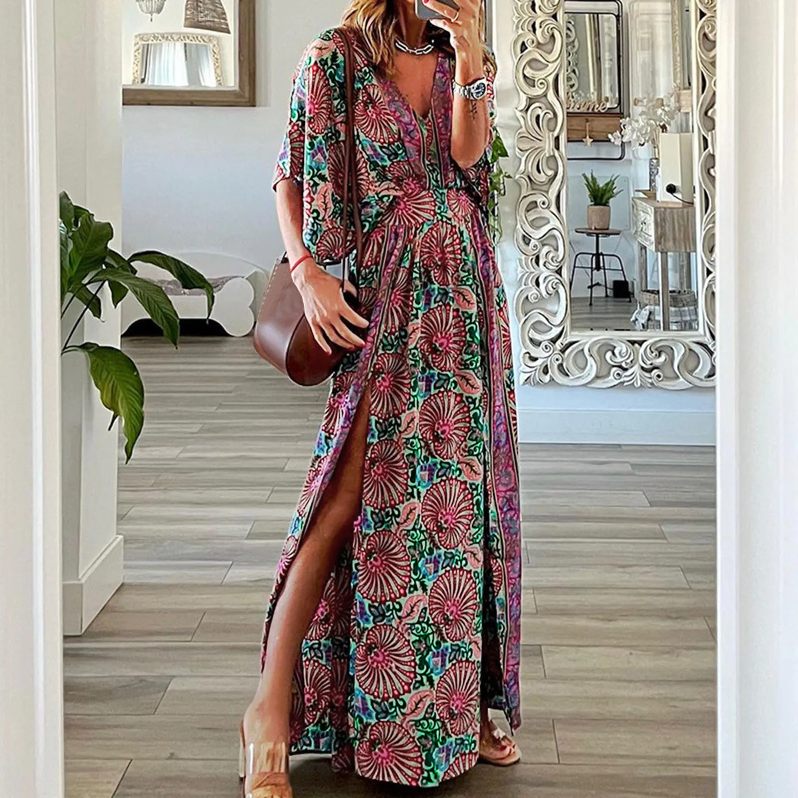 

Ladies Casual Printed V Neck Short Sleeve Loose Mid Length Printed Dress Classic Midi Dresses for Women
