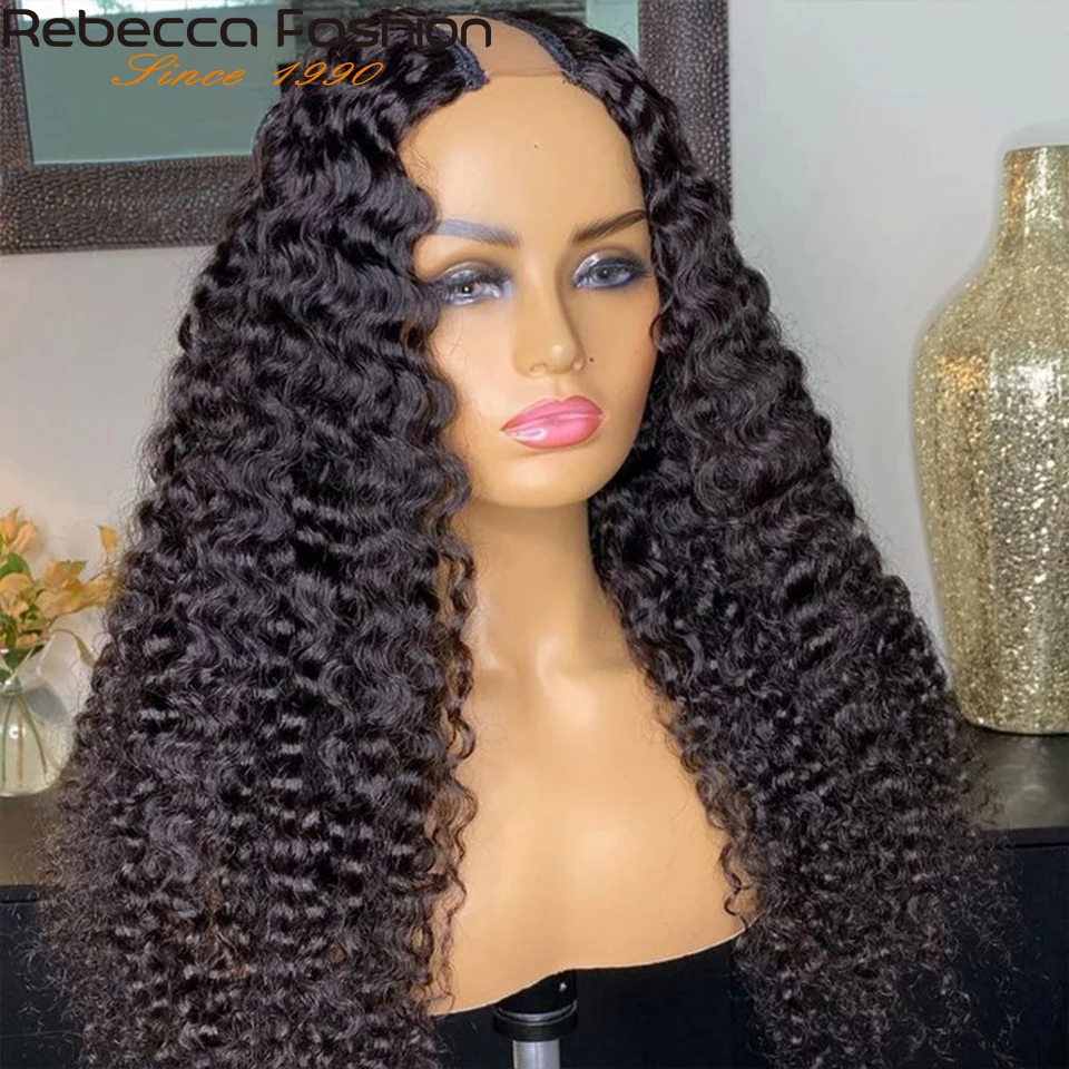 Rebecca 180D Curly U Part Human Hair Wigs For Women Brazilian Deep Curly Half Wigs No Leave Out Remy Human Hair Kinky Curly Wigs