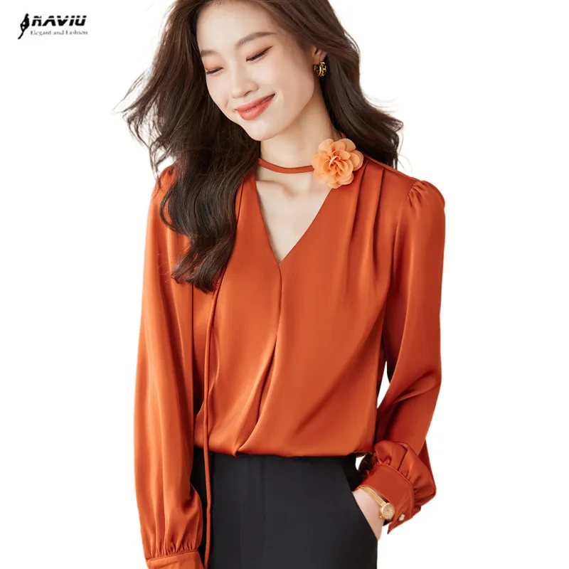 Naviu Elegant Formal Office Shirts Long Sleeve Chiffon Tops For