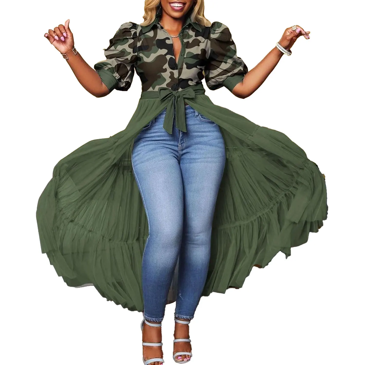 Plus Size Dresses Sexy Slim Mesh Splice Top Night Club Wear Turn-down Collar Single Breasted Mid-Calf Party Dresses Office Lady