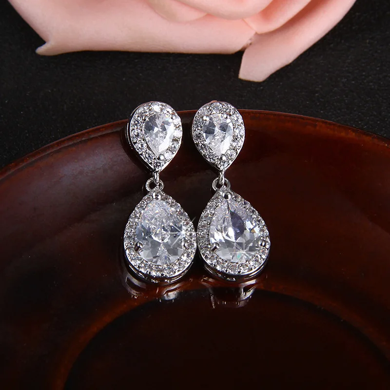 

Flowerbride Trendy Anti-allergic Girls Cubic Zircon Earring Charm Water Drop Earring Women Dangle Bridal Wedding Jewelry Gift