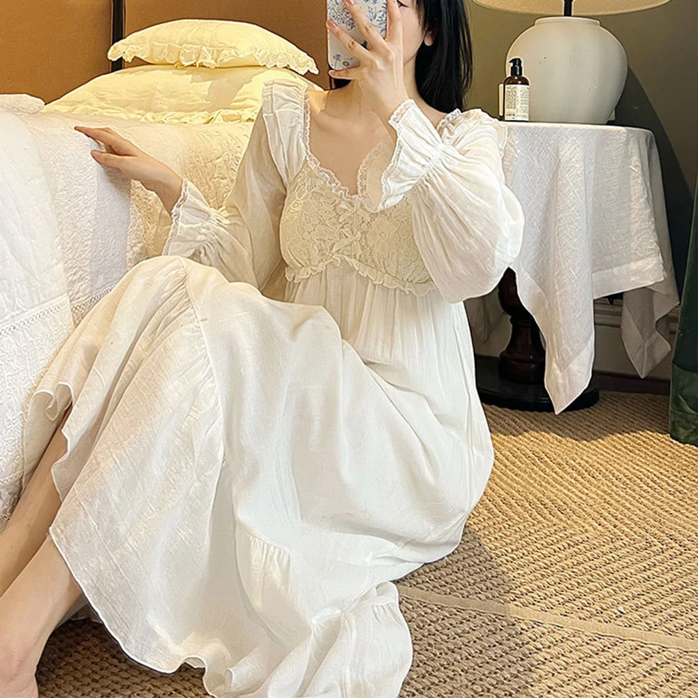 Women Princess Beautiful Nightdress Double Layers Cotton Gauze Long Sleeve With Breast Cushion Sweet Nightgown Robe Dress Lounge