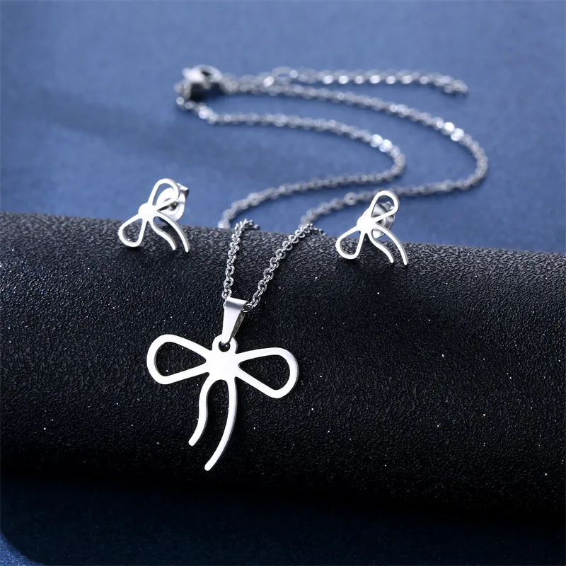 

Stainless Steel Silver Color Bowknot Pendant Chain Necklace Stud Earring for Women Party Birthday Fashion Jewelry Set Gift