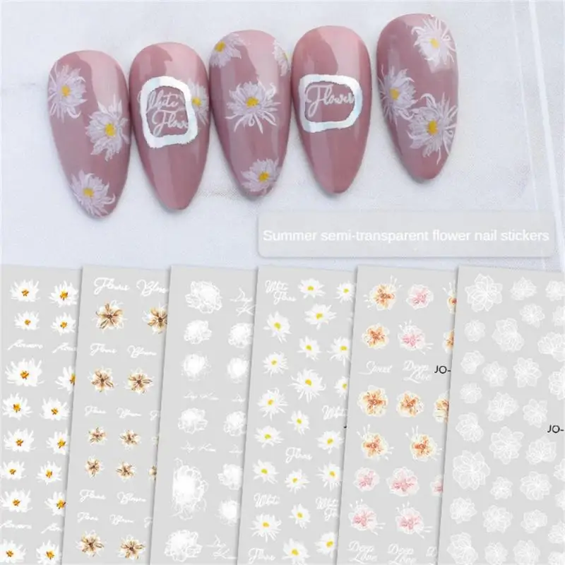 

Nail Art Decals Transparent Florals Watercolor White Flowers Lotus Leafs Back Glue Nail Stickers Decoration For Nail Tips Beauty