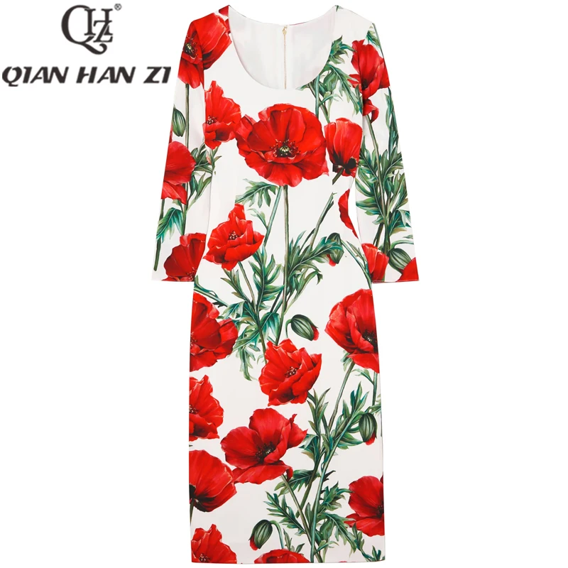 

Дизайнерские Модные летние шелковые платья QHZ для женщин 2023, винтажное элегантное облегающее платье с длинным рукавом и красивым цветочным принтом