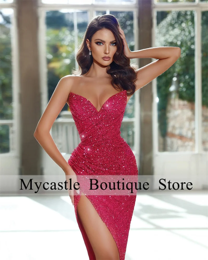 

New Hot Pink Sequins Prom Dresses 2023 Sweetheart Split Side Formal Pageant Gowns Dubai Long Evening Dress Wedding Party Gowns