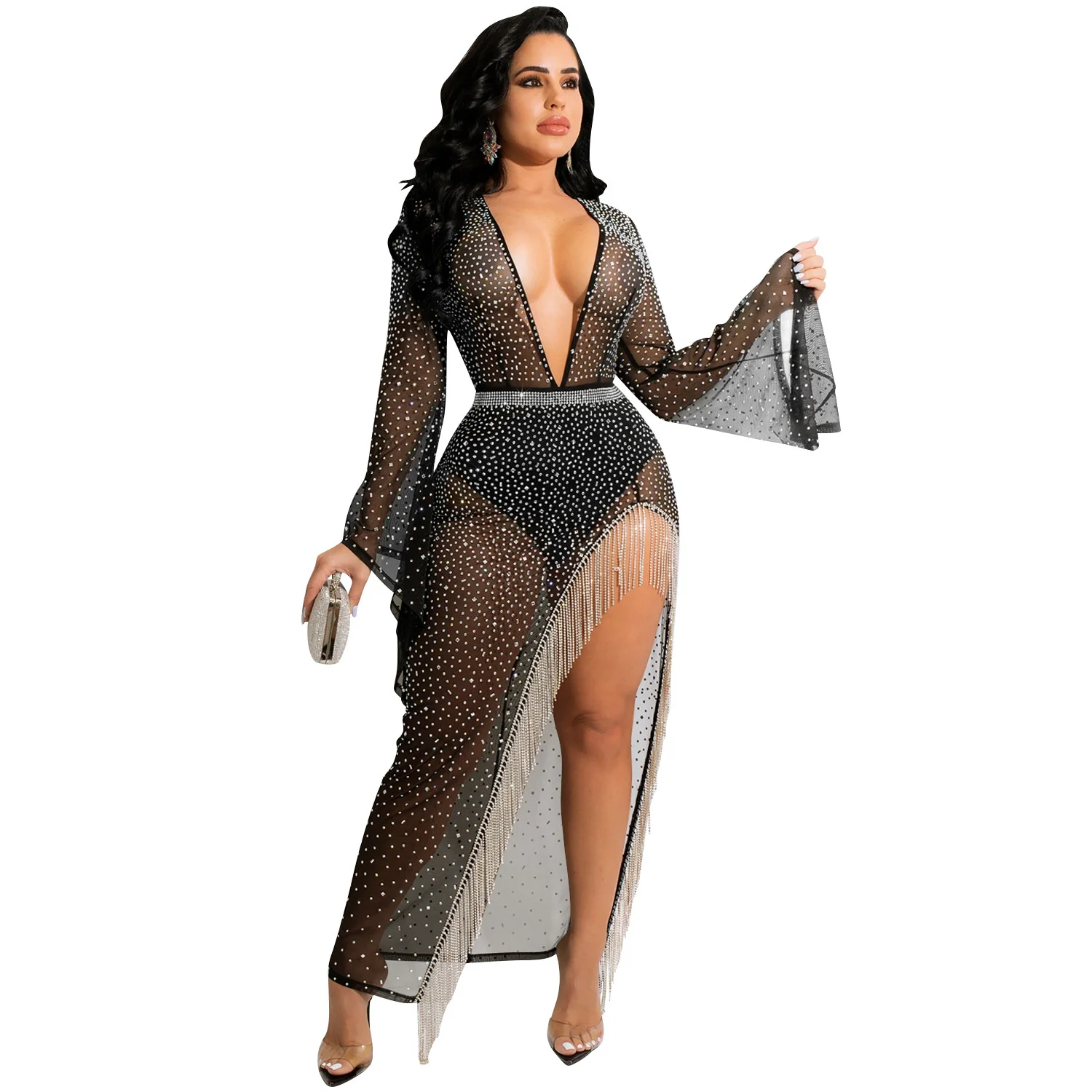 

Zoctuo Party Dress Sheer Mesh Women Dresses Deep V-neck Sexy Tassel Slit Hem Fashion Solid Diamonds Long Flare Sleeve Vestidos