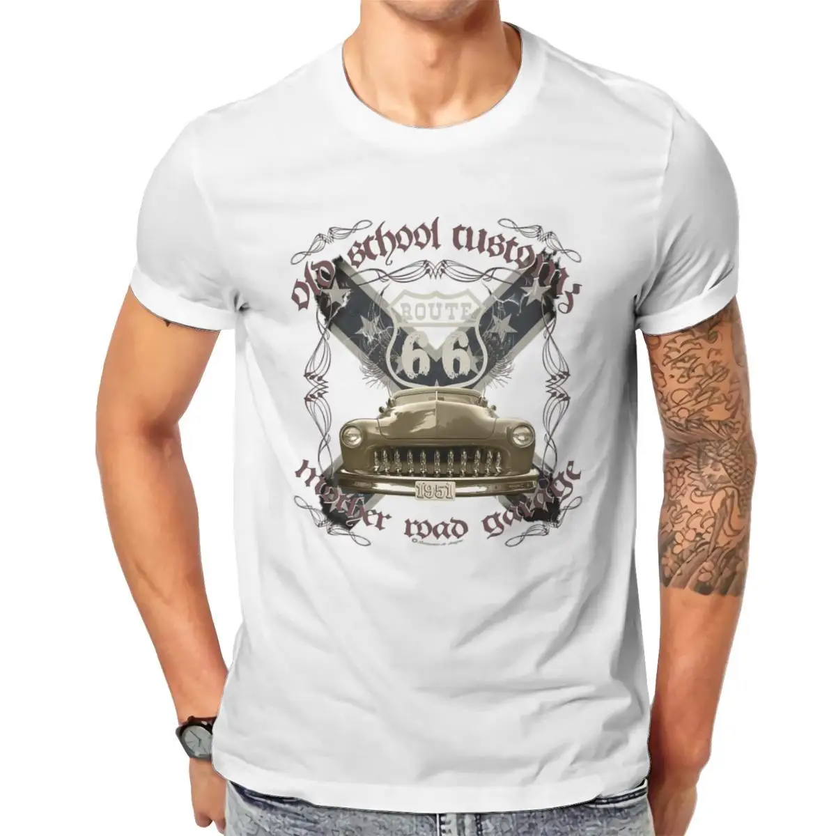 

Wholesale oldschool customs Hot Rod route 66 mercury Men’s Organic T-Shirt Printing Couples Punk 90s Mens Clothes 104905