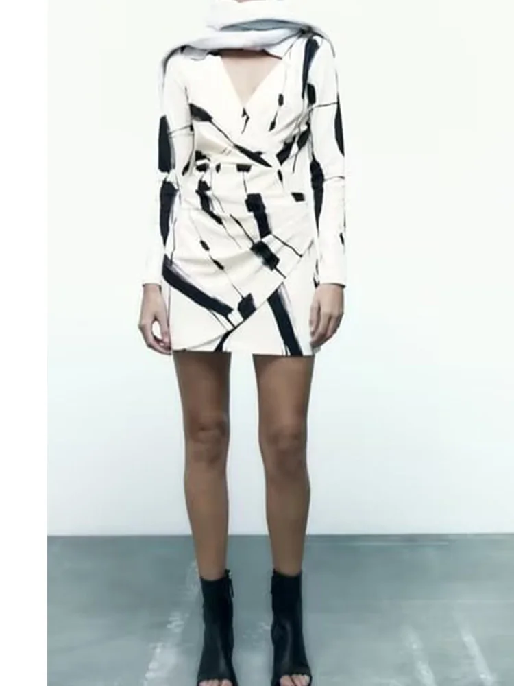 

Kumsvag 2023 Women Summer Mini Dress Vintage Print Satin Long Sleeve V-Neck Pleated Female Elegant Street Dresses Clothing